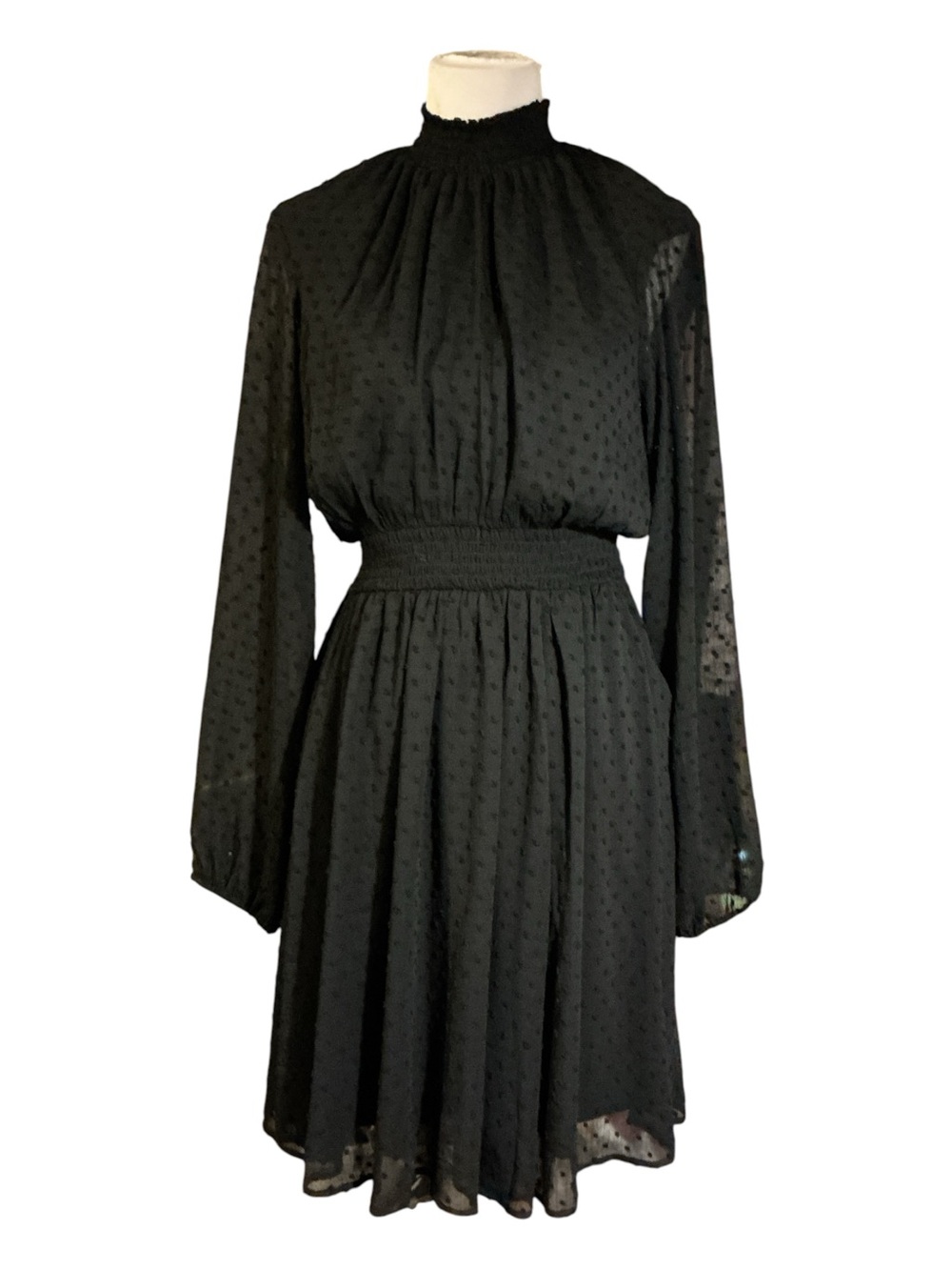 torrid Black Long-Sleeve Swiss Dot Smocked-Waist Dress